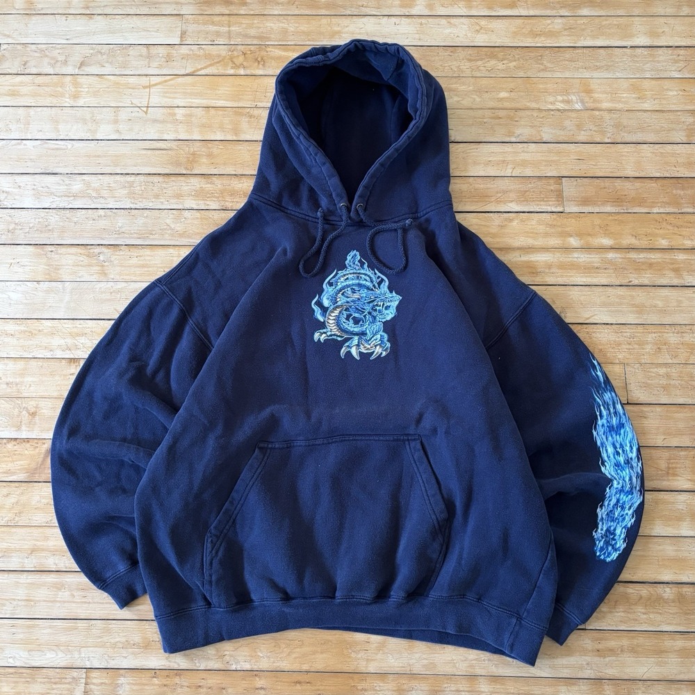 VTG Top Heavy Dragon Flame Two Sided Hoodie Sweatshirt y2k Skater Jnco Size XL